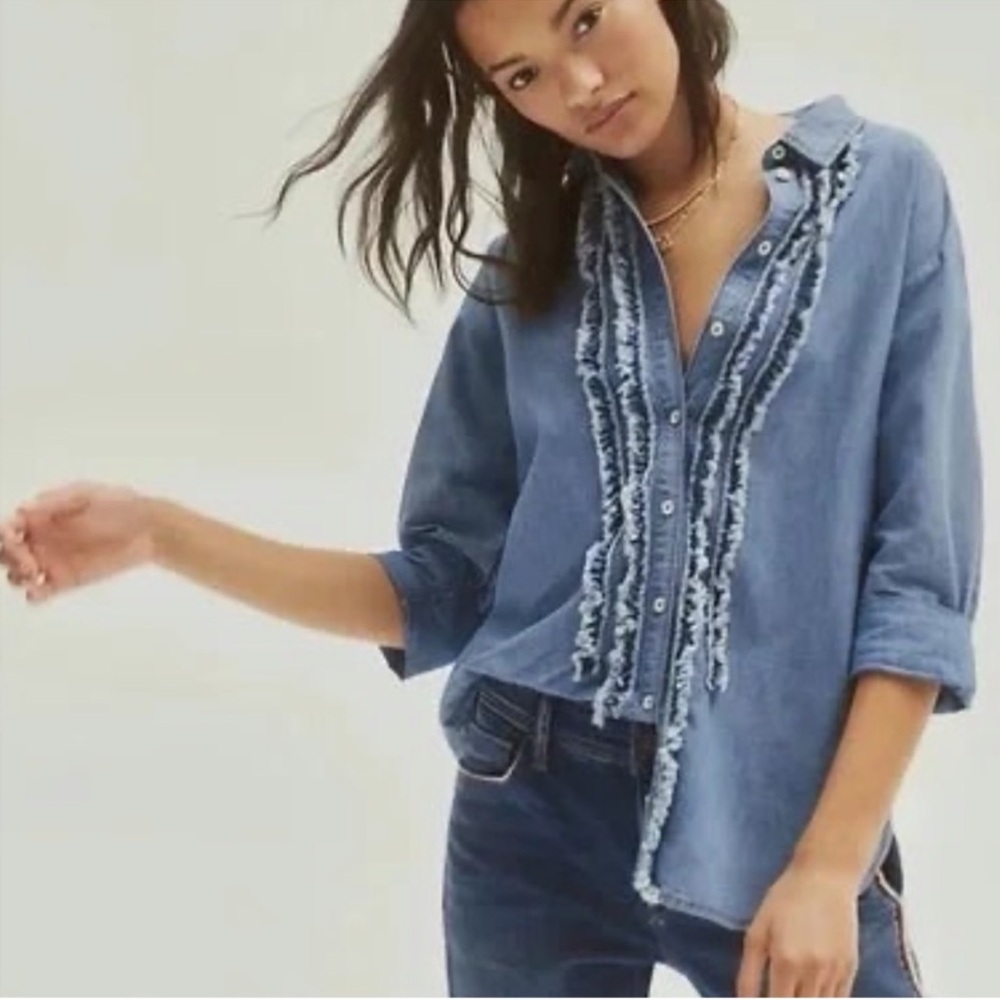 Pilcro Juni ruffle front button down denim shirt